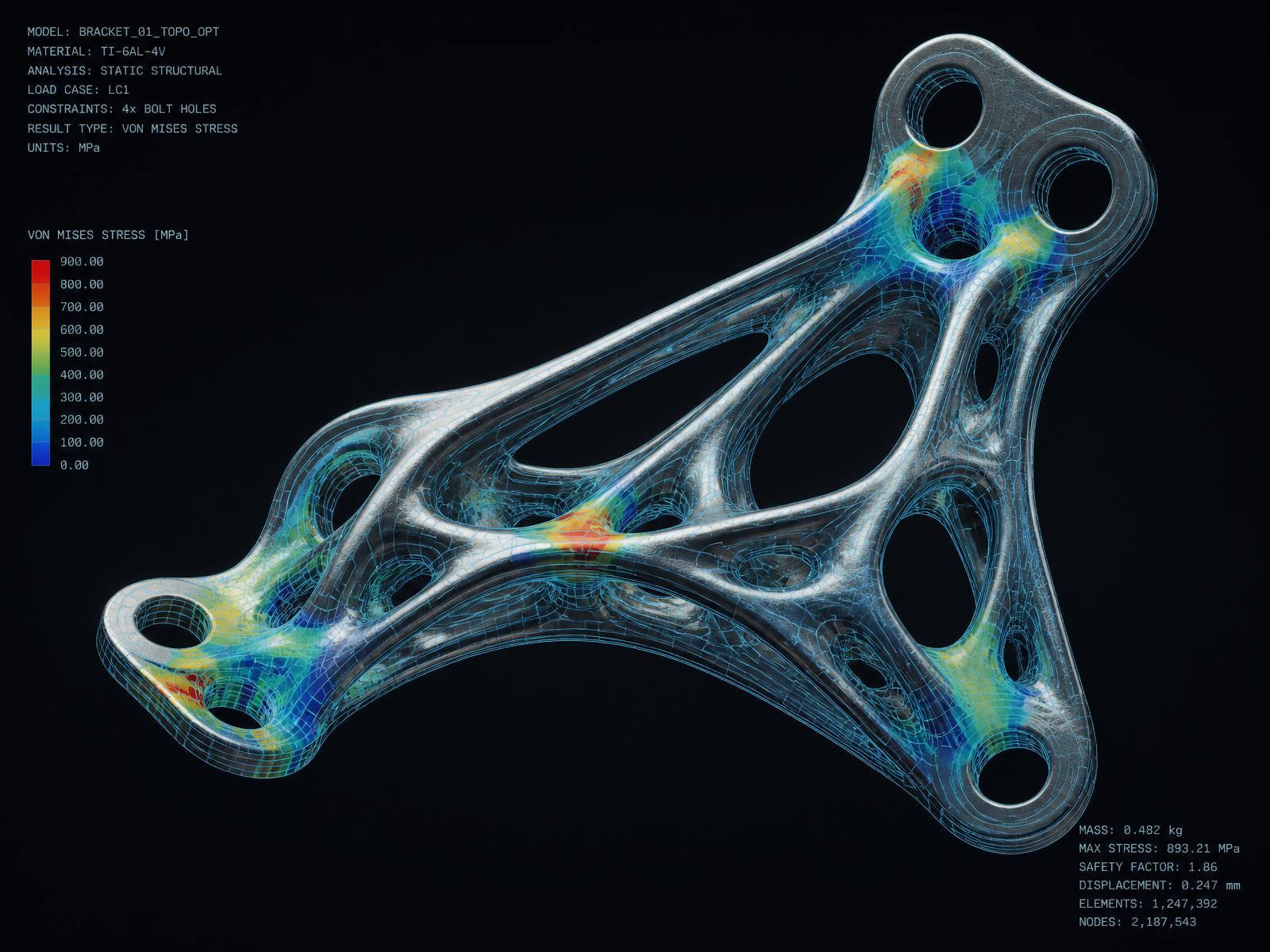 Topology-optimized titanium aerospace bracket with von Mises stress colormap
