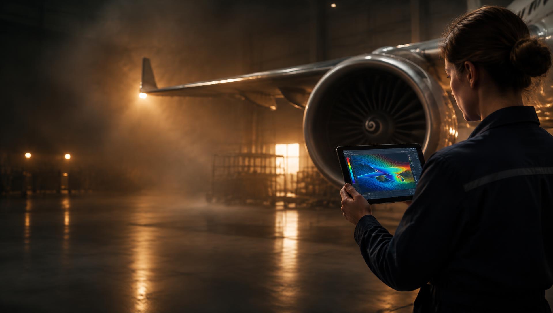Engineer reviewing an airflow simulation on a tablet beside a jet engine